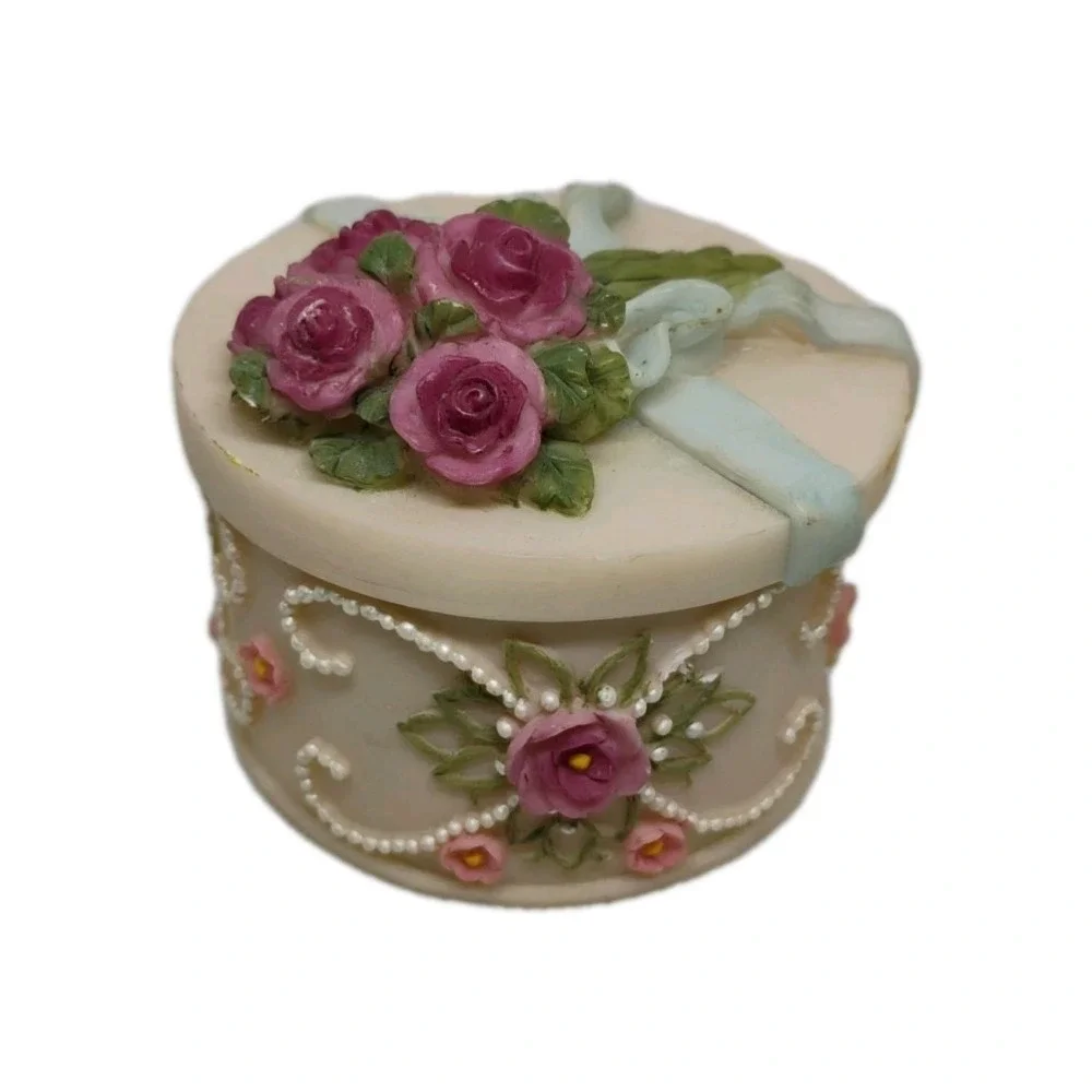 Vintage Dezine ? Hand Painted Roses Pearls Trinket Box W/Lid